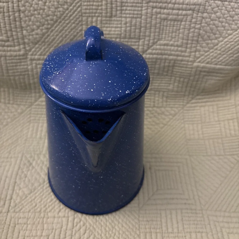 Vintage Enamel Ware Blue White Speckled Camping/Cowboy Coffee Pot Kettle 8